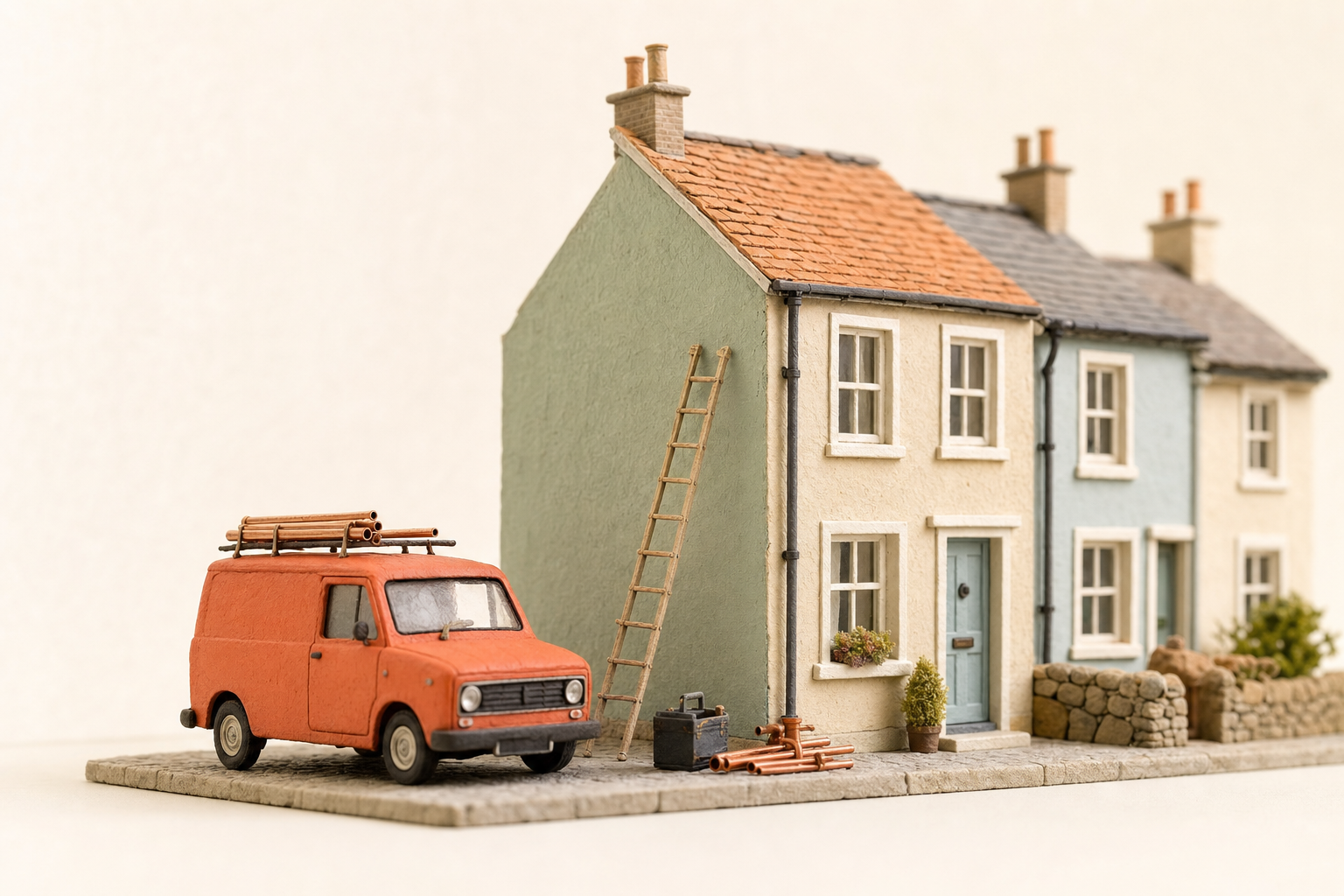 Miniature plumber's van outside a model terraced house